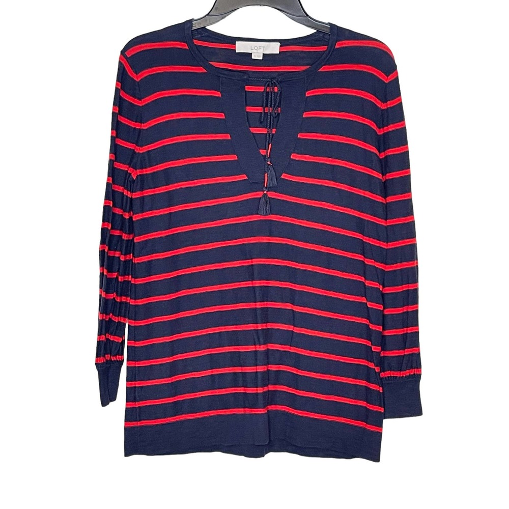Ann Taylor LOFT Women Sweater Top Tasseled Tie Neck Striped‎ Blue/Red Size Small